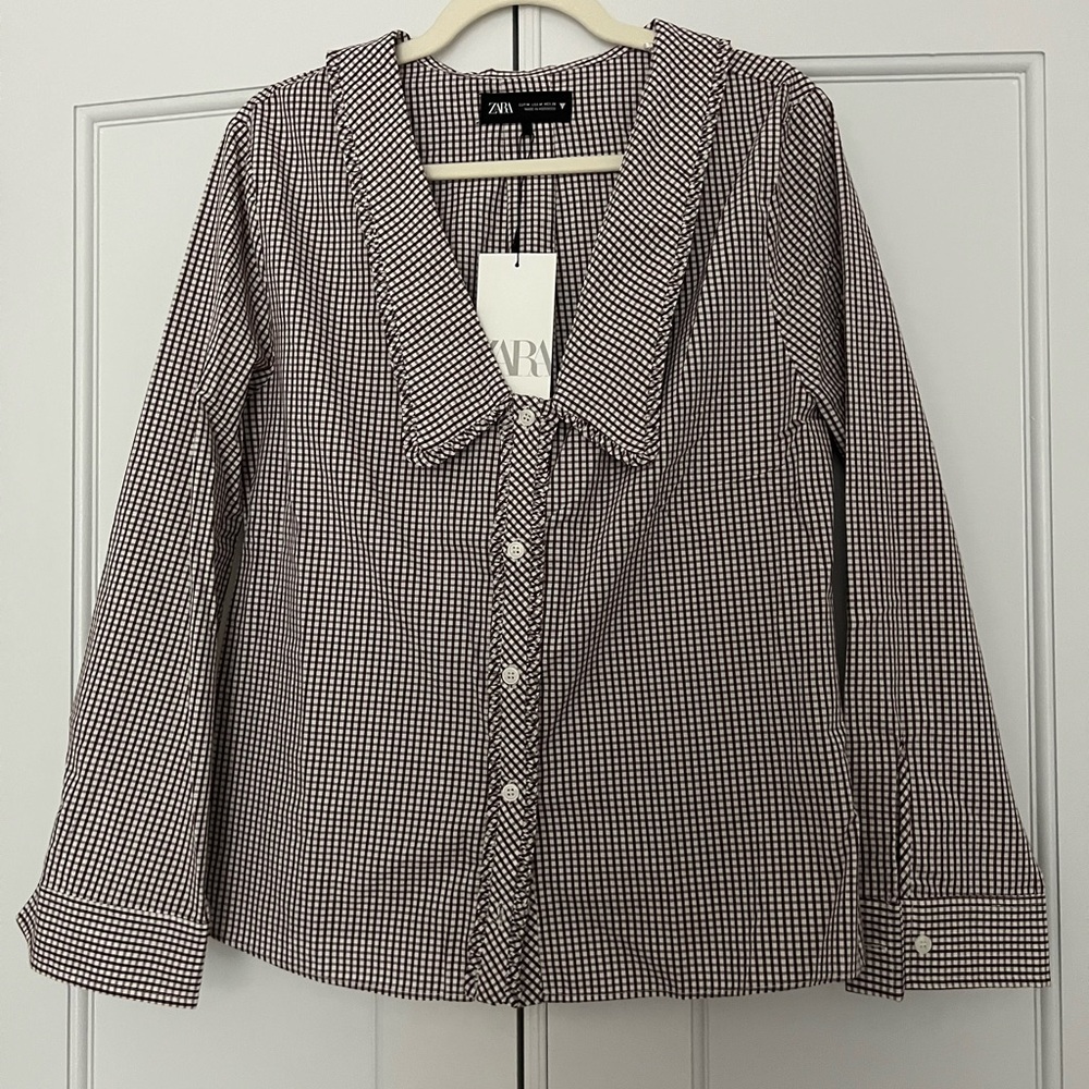 Zara Black & White Gingham Collar Button-Down Blouse